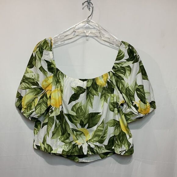 H&M cropped top square neckline puff sleeves elastic hem & neckline women’s sz L - Picture 2 of 7